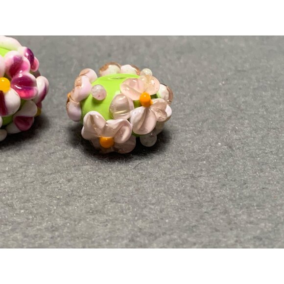 Handmade Floral Lampwork Glass Beads Green Base with Pink & White Flowers Bead - Picture 3 of 6